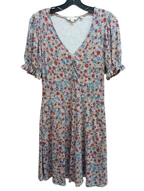 Boden Puffed Sleeve Floral V-Neck Ruched Front Dress Size 2